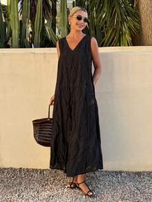 Livesso Women's V-Neck Casual Loose Straight Lace Chiffon Beach Dress, Elegant For Commuting, Spring & Summer - Black - View 7