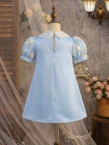 Young Girl Elegant Floral Mesh Dress - Baby Blue - View 2