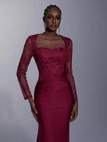 Elitara Burgundy Spring Formal Evening Wedding Bridesmaid Dress,Lace Patchwork Long Sleeve Ruched Fishtail Hem Trailing Elegant Birthday Party Event Gown - Burgundy - View 4
