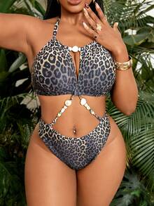 Slaydiva Plus Size European And American Style Leopard Print Halter One-Piece Swimsuit, Pearl Decor, Slimming - Coffee Brown - View 4