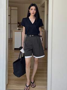 DAZY Patchwork Contrast Color Trim Straight Leg Bermuda Shorts, Casual Summer Shorts For Women Office Grey School - Grey - View 3