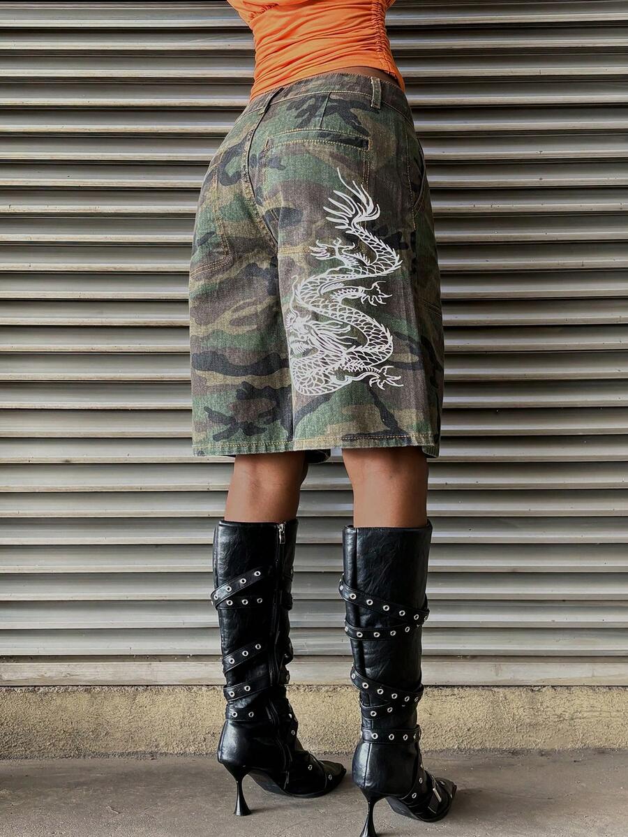 StreetHx 女士迷彩图案口袋宽松百慕大牛仔短裤 - 彩色 - 查看 1