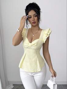 Elenzga Áo kiểu nữ màu vàng nhạt bằng vải dệt hoa jacquard, thiết kế cổ áo hình trái tim bất đối xứng, tay phồng hai lớp, eo thắt, vạt áo bất đối xứng, thanh lịch và tinh tế, thích hợp làm quà sinh nhật, hẹn hò, tiệc tùng, ngày Valentine, lễ hội, lễ Phục sinh, ngày động, du lịch, phong cách đường phố thường ngày, món đồ thời trang thiết yếu mùa xuân/hè, thiết kế độc đáo, áo kiểu tay phồng đa năng. - Vàng nhạt - Xem 6