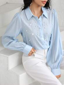 Modelyn 时尚浅蓝色泡泡珠宽松衬衫，春夏款 - 淺藍色 - 查看 1