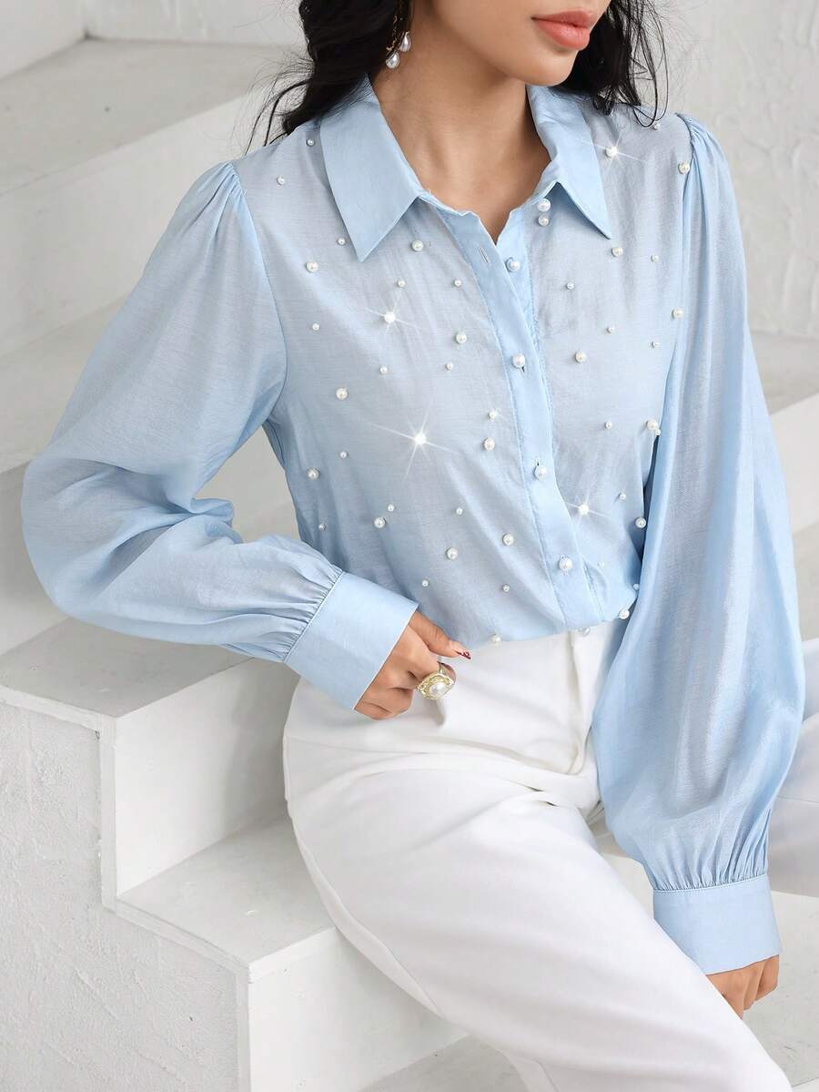 Modelyn 时尚浅蓝色泡泡珠宽松衬衫，春夏款 - 淺藍色 - 查看 1