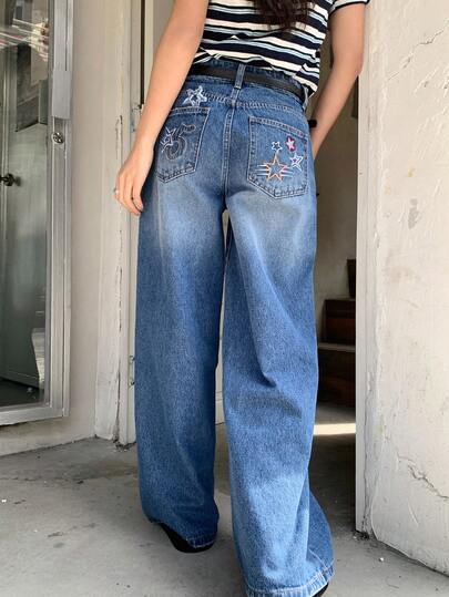 DAZY Quần jeans ống rộng nữ có túi cài nút, thêu hình ngôi sao năm cánh, kiểu dáng thường ngày, đa năng, thích hợp mặc hàng ngày.