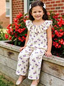 SHEIN Summer Young Girl Fresh Tulip Print Set, Sleeveless Ruffle Collar Blouse + Wide Leg Pants, Cream White Youthful Sweet Casual Style Vest Set - White - View 6