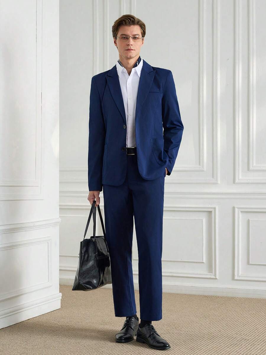 Officeau Men's 2pcs Navy Blue Peak Lapels Suits, Blazer And Pants, Tuxedos For Wedding/ Evening/ Prom/ Party - Navy Blue - View 1