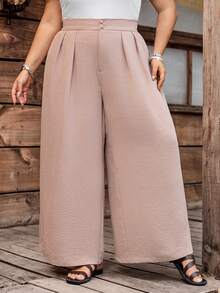 SHEIN CURVE+ Curve 尺码 US22 音乐节、海滨度假、波西米亚风/校园装/返校装/返校季女装/办公室休闲装，黑色高腰直筒休闲裤，简约时尚，适合日常穿着 - 卡其色 - 查看 7