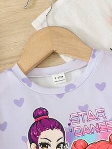 SHEIN Bộ 2 món cho bé gái, áo thun cổ tròn tay ngắn in hình trái tim và hoạt hình, kèm quần short, dễ thương và thời trang. - Màu tím - Xem 9