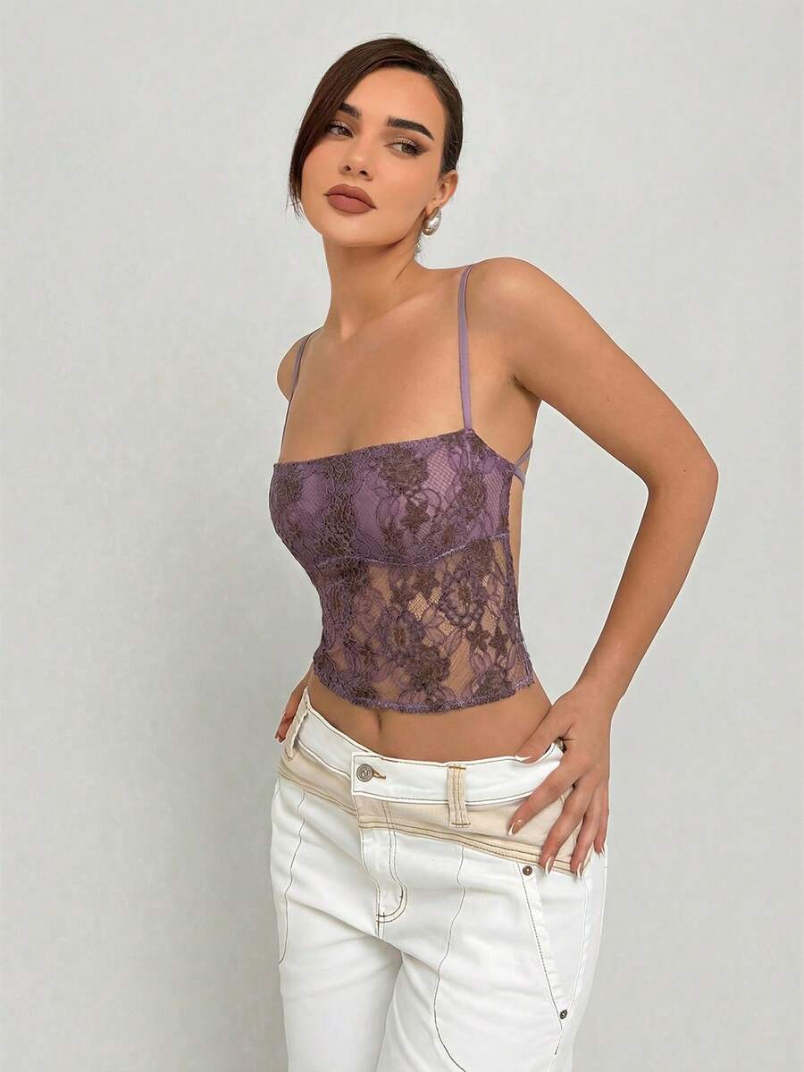 Aloruh Camiseta sin espalda con cuello halter de encaje romántica para mujer - Morado - Ver 1