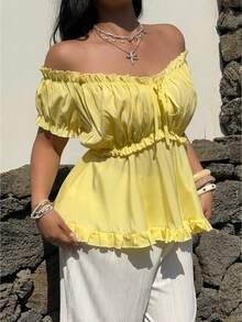 Sunnyshic Plus Size Women's Summer Casual Solid Color Off-Shoulder Frill Trim Bow Tie Front Short Sleeve A-Line Blouse - Light Yellow - View 5
