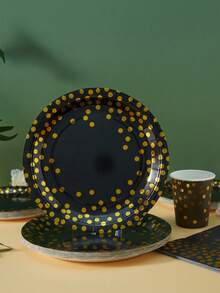 Schwarz und Gold Party Zubehör Set, Einwegteller, -becher und -servietten für Partys, geeignet für 25 Gäste, inklusive gepunktete Einweg-Pappteller, Dessert-Teller und weiße Papier-Partyteller, perfekt als Geburtstagsgeschenk, für Hochzeiten und andere Partyveranstaltungen - Verschiedenfarbig - Übersicht 3