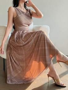 DAZY Women's Elegant Plaid Draped Neck Waist Cinched Long Dress, Summer Sundress - Khaki - View 1