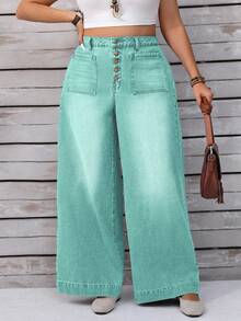 EMERY ROSE Plus Size Casual Washed High Waist Wide Leg Jeans - Mint Green - View 5