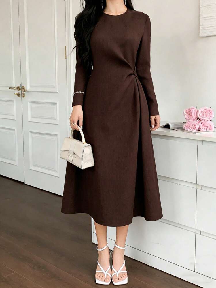 Women's Elegant Solid Color Waist Cinched Midi Dress For Commuting Sundress