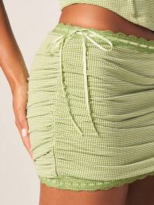 MISSGUIDED Sage Green Gingham Ruched Mini Skirt With Lace Trim Detail And Side Tie Bodycon Fit For Spring Summer - Green - View 4