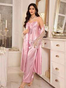 LuxeNights 3pcs Set: Embroidered Trim Faux Silk Camisole, Pants And Robe Sleepwear Set - Pink - View 4