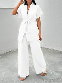 EURMUSE 2 件优雅纯色腰带短袖上衣和长裤套装 - 白色 - 查看 6