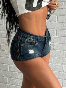 Jeanoix Summer Outdoor Music Festival, Metallic Grommet Round Ring Distressed Blue Denim Shorts - Dark Wash - View 1