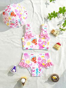 Baby Girl Cartoon Graphic Bow Detail Ruffle Trim Bikini Swimsuit With Headband - Multicolor - View 6