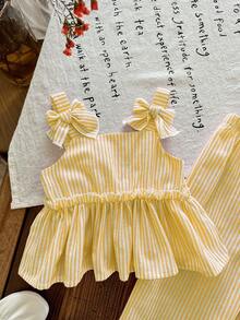 SHEIN Newborn Baby Girl Vacation Casual Cute Yellow & White Striped Camisole & Pants Set - Yellow - View 2