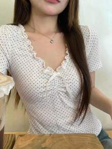 DAZY 韩版波点优雅无袖蝴蝶结女式衬衫 - 白色 - 查看 4