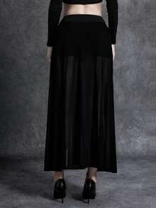 Glisette Dark Goth Style Chicken Eye Webbing Mesh Sexy Slit Slim Fit Skirt For Women - Black - View 2