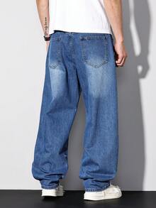 Manfinity Homme Spring & Summer Casual Street Water-Washed Blue Straight Loose Distressed Jeans With 3D Cat Whiskers - Blue - View 2
