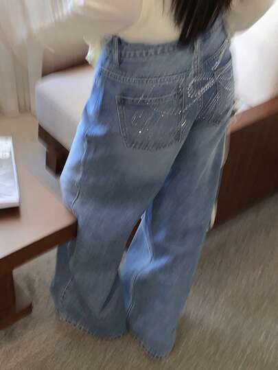 DAZY Quần jeans nữ ống đứng dáng rộng, cạp thấp, đính đá và nơ, kiểu dáng thường ngày.