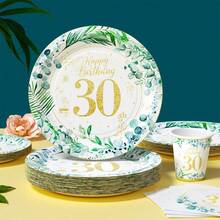 Disposable Plates, Napkins, And Cups With White Background And Green Leaves, 100pcs Disposable Paper Plate Set, Various Choices Of Party Tableware, Very Suitable For Birthday Parties, Family Picnics, Weddings And Other Gatherings. - Multicolor - View 3