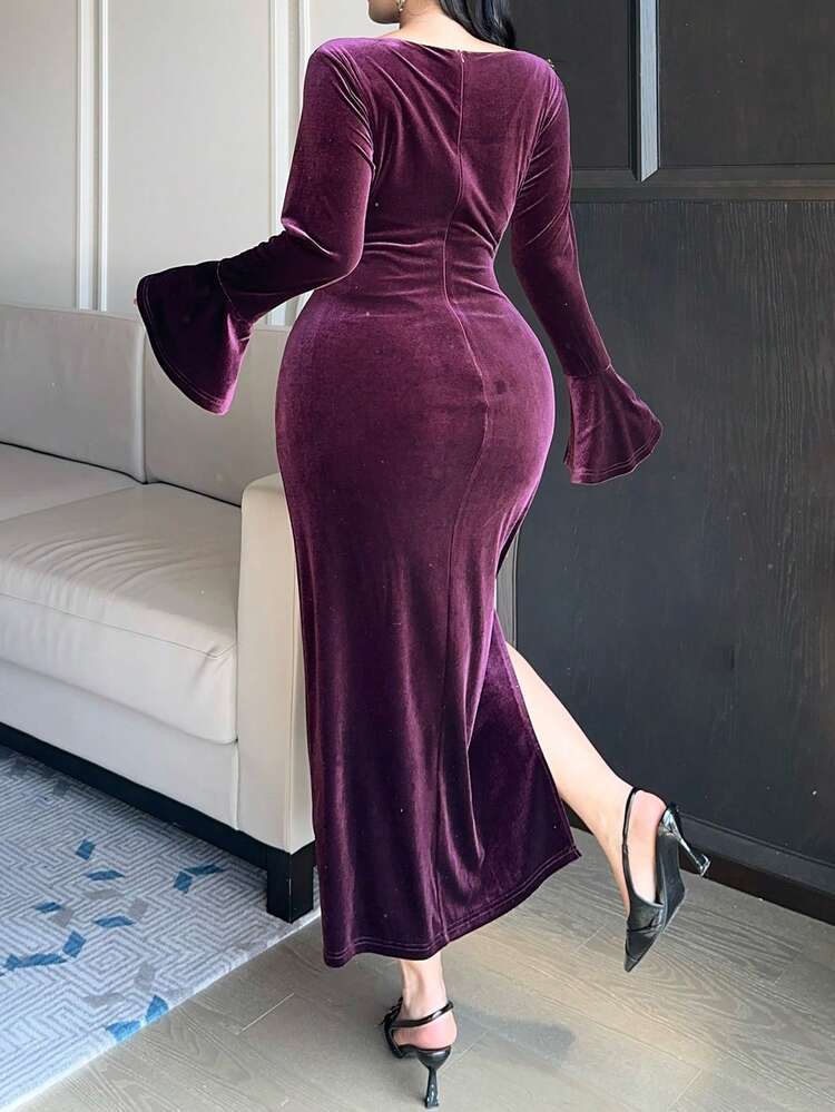 Dazy Plus Plus Size Women's Solid Color Asymmetrical Shoulder Flare Sleeve Ruched Fitted Elegant Dress Sundress