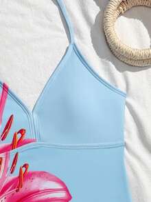 SHEIN Sparklyn Bộ đồ bơi Tankini 2 mảnh cho bé gái tuổi teen, họa tiết hoa xanh, dây mảnh, buộc dây bên hông, chất liệu vải dệt kim, thanh lịch và dễ thương, thích hợp cho bơi lội, bãi biển, hồ bơi, kỳ nghỉ hè, lễ hội. - Màu xanh lam - Xem 4