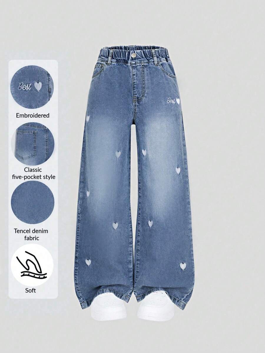 SHEIN 少女Y2K风格牛仔裤,心形刺绣,宽松阔腿,面料柔软舒适,适合日常穿着、上学、通勤。 - 深色水洗藍 - 查看 1