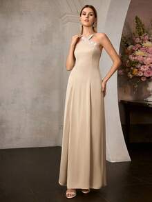 MOTF Soiréza RHINESTONE CROSS WRAP HALTER NECK PROM DRESS - Khaki - View 4