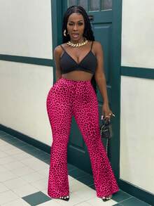 SHEIN SXY Pantalones acampanados de cintura alta con estampado de leopardo para fiesta y citas - Rosa Fucsia - Ver 4