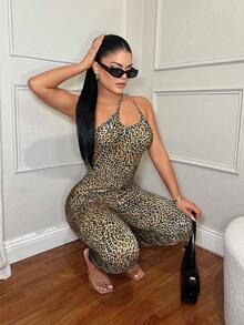 SHEIN SXY Áo liền quần hai dây gợi cảm họa tiết da báo khoét rỗng - màu nâu - Xem 5