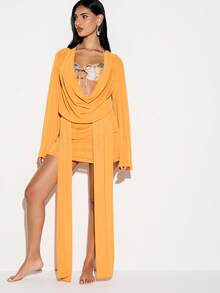 KIZN Sparkle Cowl Neck Draped Mustard Mini Dress With Long Sleeves For Evening Party Occasions - Orange - View 5