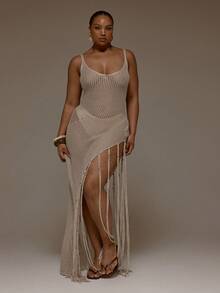 MUSERA 大码钩针编织圆领流苏修身长裙，春夏可爱优雅约会之夜派对节日假日海滩性感毕业长裙 - 杏色 - 查看 5