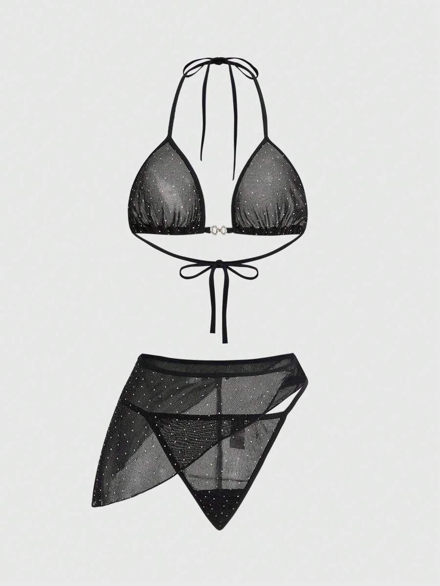 ROMWE Grunge Punk 3pcs Gothic Punk Music Festival Racy Triangle Bra, Thong Panty, And Asymmetric Skirt Sexy Lingerie Set - Black - View 1