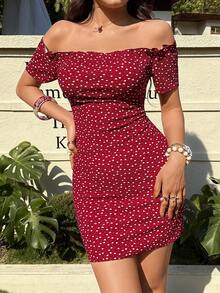 SHEIN VCAY 紙屑愛心圖案一字肩褶邊緊身連衣裙 - 酒紅色 - 查看 5