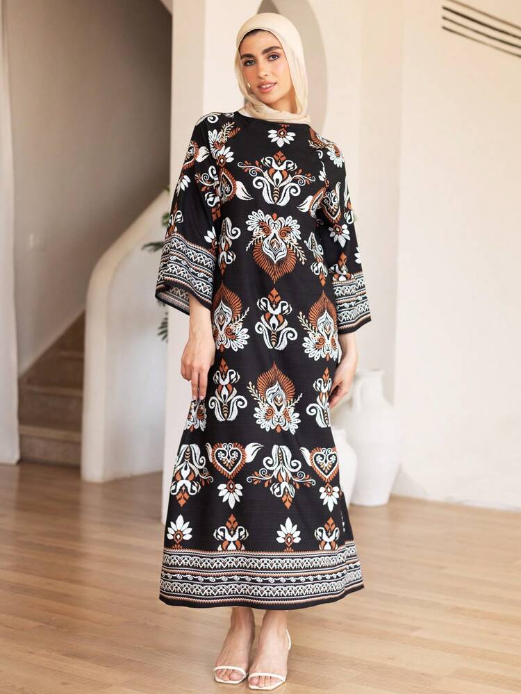 Print Loose Long Sleeve Dress, Elegant Summer Vacation Wear For Women Sundress Boho