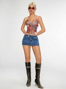 SHEIN PETITE Váy ngắn denim nhiều túi thời trang mùa hè dành cho nữ - Rửa trung bình - Xem 3