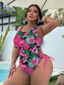 Swim SXY 大码女式热带印花连体泳衣，海滩度假 - 彩色 - 查看 5