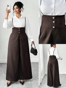 Elenzga Mono ancho de pierna casual con cintura alta, cremallera lateral y tirantes ajustables, de tejido de sarga elegante, adecuado para ir al trabajo y uso diario - Café integral - Ver 1