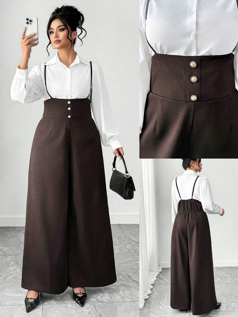 Elenzga Mono ancho de pierna casual con cintura alta, cremallera lateral y tirantes ajustables, de tejido de sarga elegante, adecuado para ir al trabajo y uso diario - Café integral - Ver 1