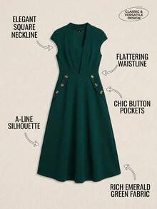 Editum 女士纯色包袖纽扣设计优雅办公中长连衣裙 - 墨綠色 - 查看 3