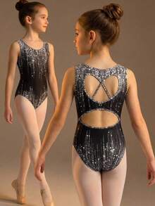 SHEIN Tween Girls' Casual Sports Gymnastics Yoga High Stretch Tie-Dye Printed Hollow-Out Back Heart Jumpsuit - Black - View 1