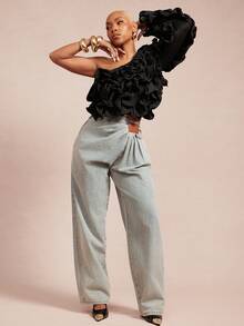 Vixey One Shoulder Layered Ruffle Boho Top - Black - View 3