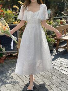 DAZY Women's Embroidered Sweetheart Neck Ruffle Hem Long Dress - White - View 3